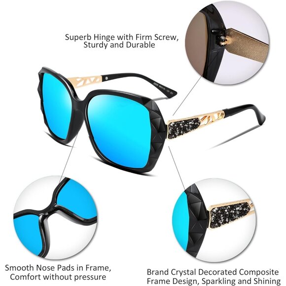 Women's Crystal Square Blue Sunglasses Sparkling Composite Shiny Frame Design - Picture 3 of 8